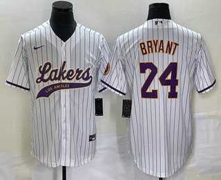 Men%27s Los Angeles Lakers #24 Kobe Bryant White Pinstripe With Patch Cool Base Stitched Baseball Jersey1